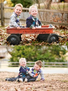 Twin boys in red wagon and playing