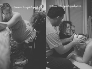 dad helping mom labor at home, checking baby's heartbeat