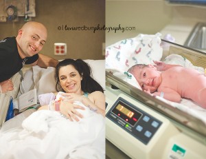 mom and dad posing in the hospital with baby, newborn getting weighed for the first time