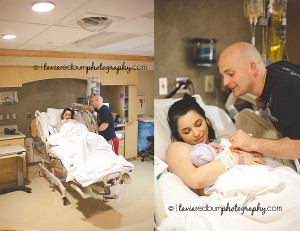 wide shot of parents in the hospital, and close up of parents admiring baby