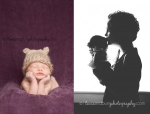 newborn baby girl with head in hands, mom kissing baby girl silhouette