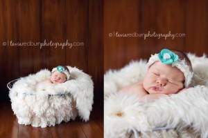 newborn baby girl posed on blanket in basket with wood background
