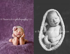 newborn baby girl on purple blanket with head in hands and baby girl in cocoon black and white