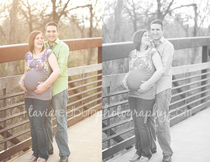 couple expecting baby, on bridge maternity