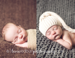 sleeping newborn baby boy, swaddled and with upcycled hat
