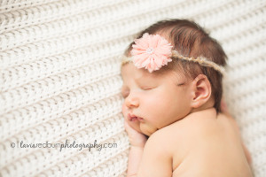 newborn baby girl with pink bow posed