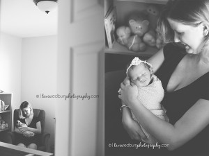 newborn lifestyle photography, mom in nursery chair with newborn baby girl