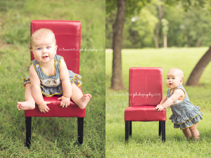 6 month old baby girl with red chair, prop