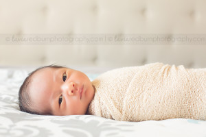 newborn swaddled on bed awake