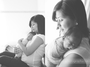 mom and her newborn baby boy black and white