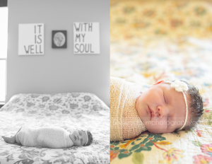 baby girl asleep on parents bed, lifestyle pose