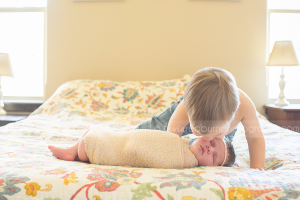 big brother kissing baby sister, lifestyle newborn pose