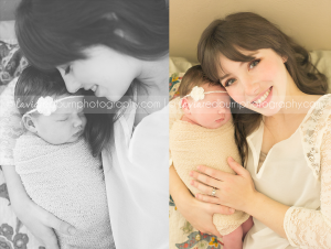 mom and newborn daughter pose